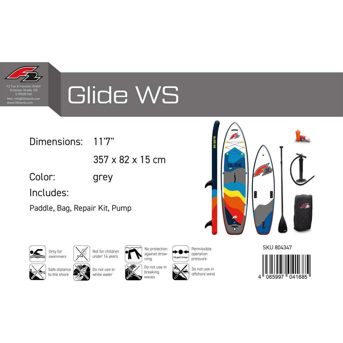 F2 SUP Stand Up Paddle Board Glide WS 10'2''/10'8"/11'7" selectable Grey