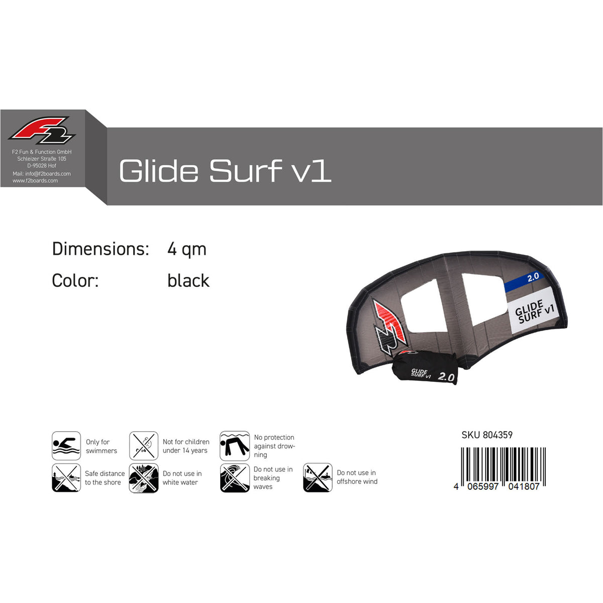 F2 Wing Glide Surf v1 Stiff Handle 2-7sqm size selectable black