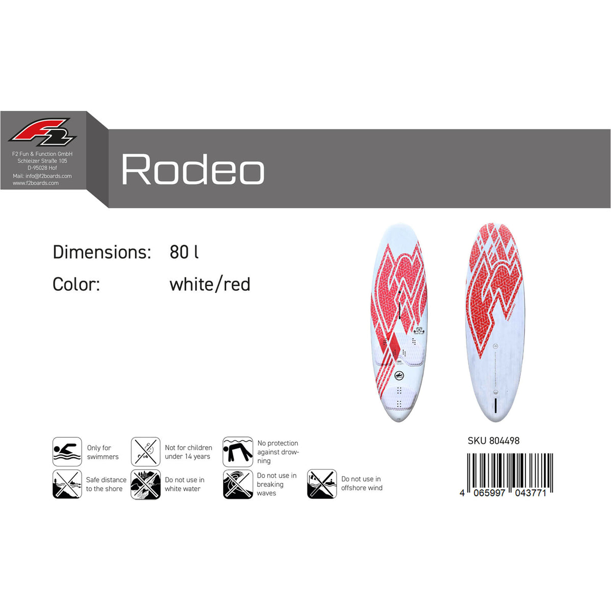 F2 Rodeo Pro windsurfing board 80-104L, size selectable, white/red