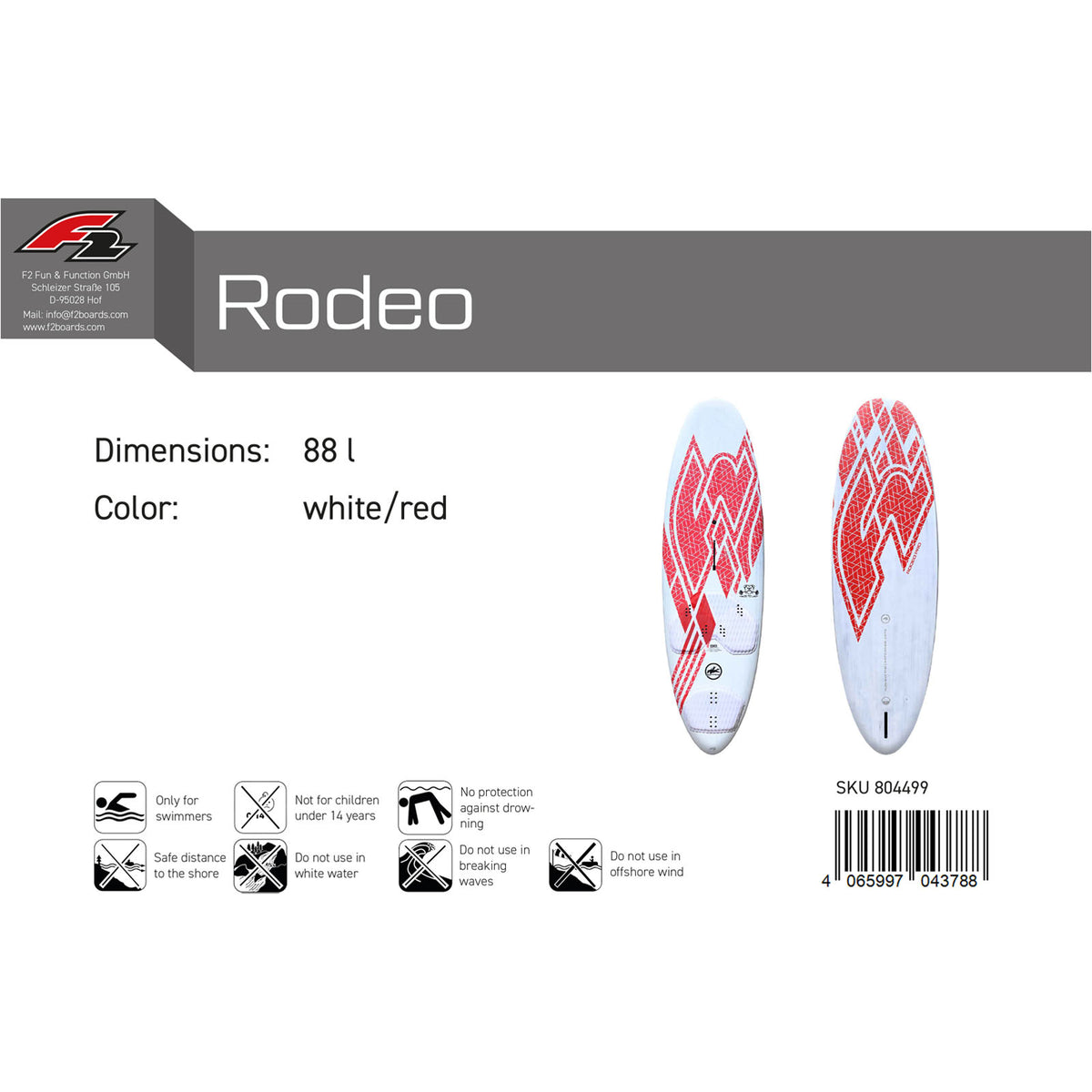 F2 Rodeo Pro windsurfing board 80-104L, size selectable, white/red