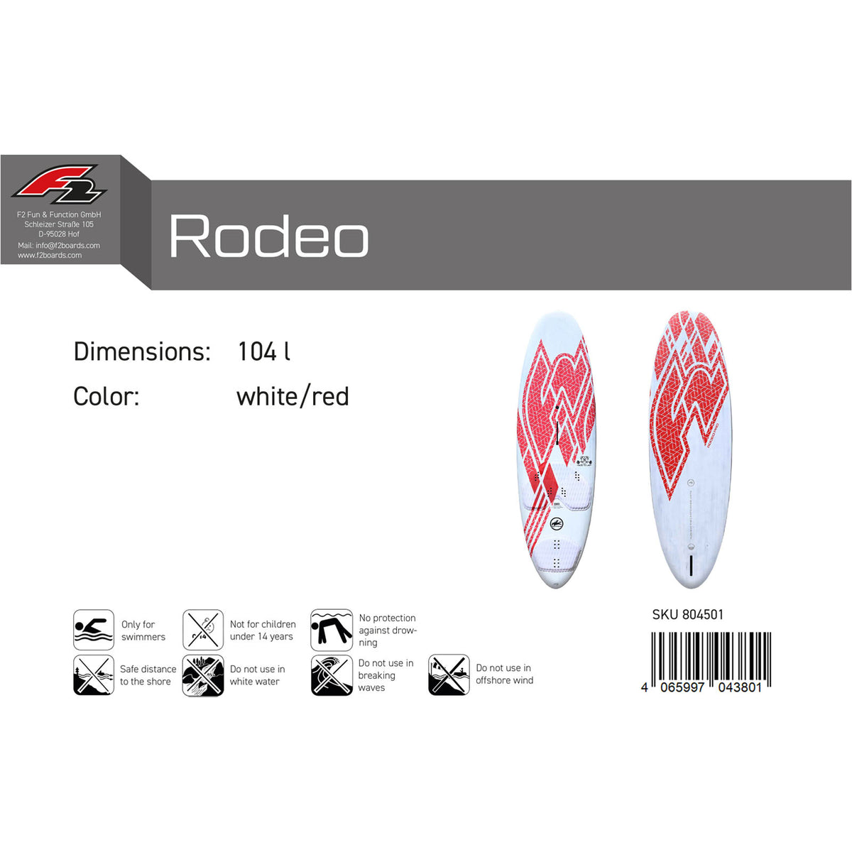 F2 Rodeo Pro windsurfing board 80-104L, size selectable, white/red