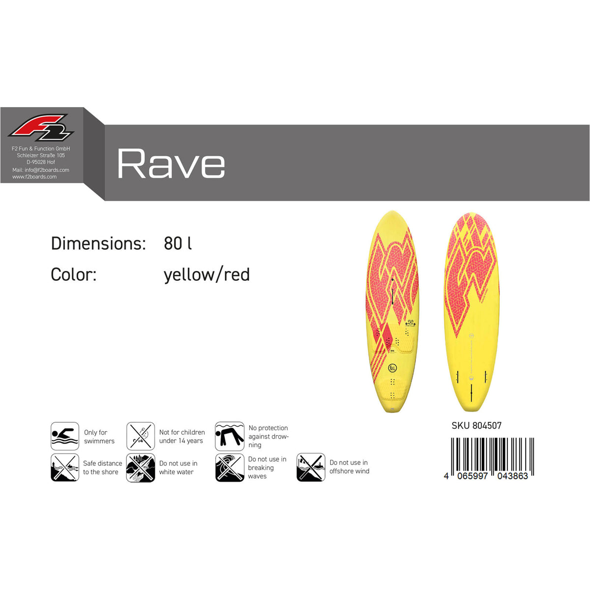 F2 Rave HD windsurf board 80-85L, size selectable, yellow/red