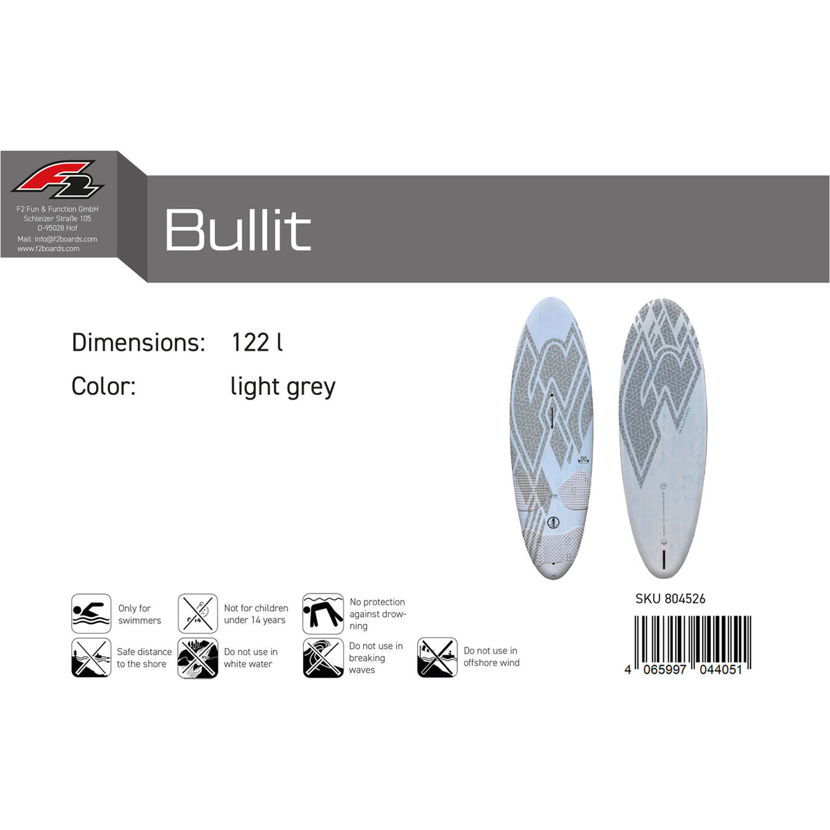 F2 Bullit Pro 102-142L Windsurf Board, selectable size, grey