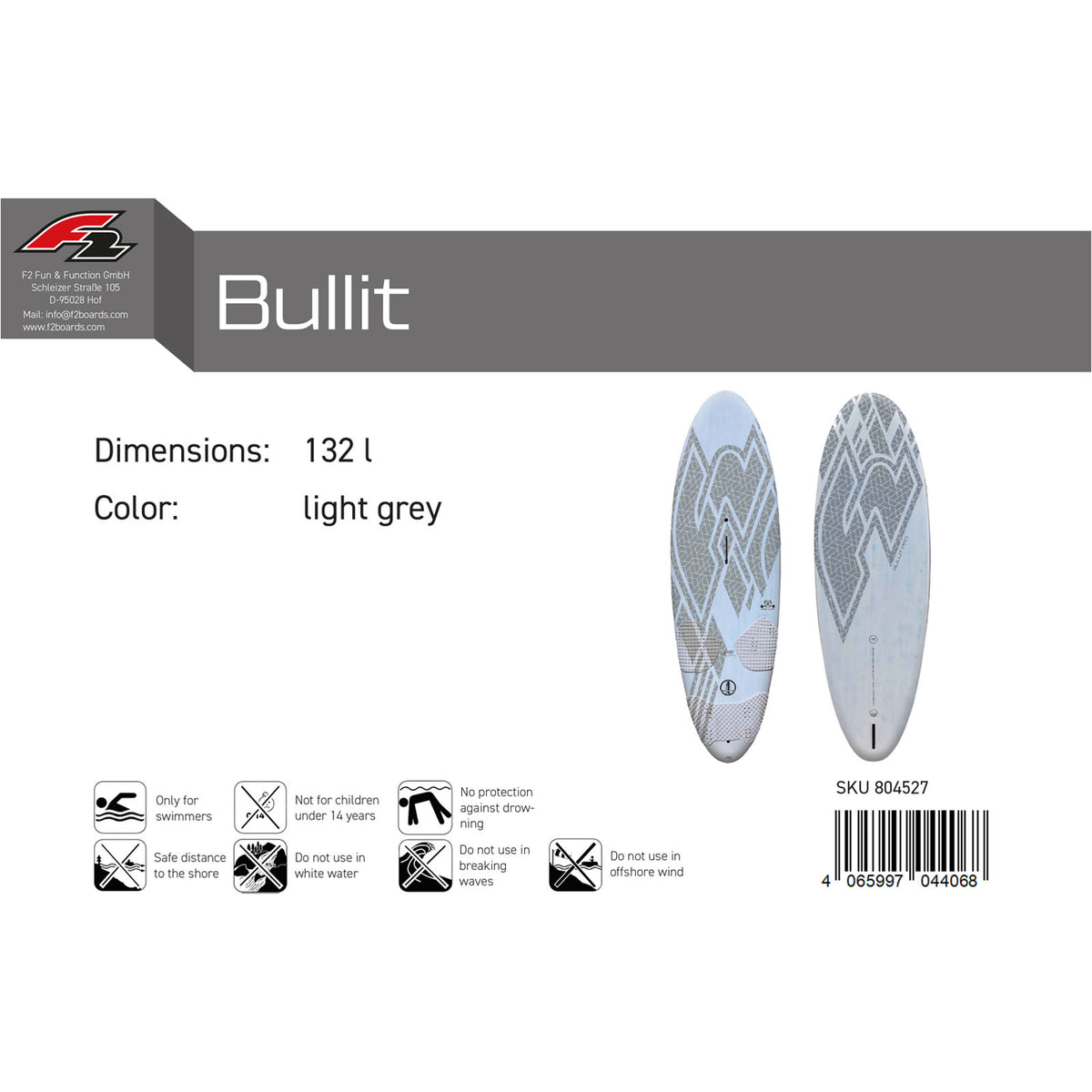 F2 Bullit Pro 102-142L Windsurf Board, selectable size, grey