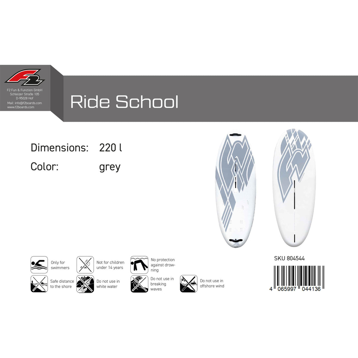 F2 Windsurfboard Ride School 160-220L Größe wählbar Grau