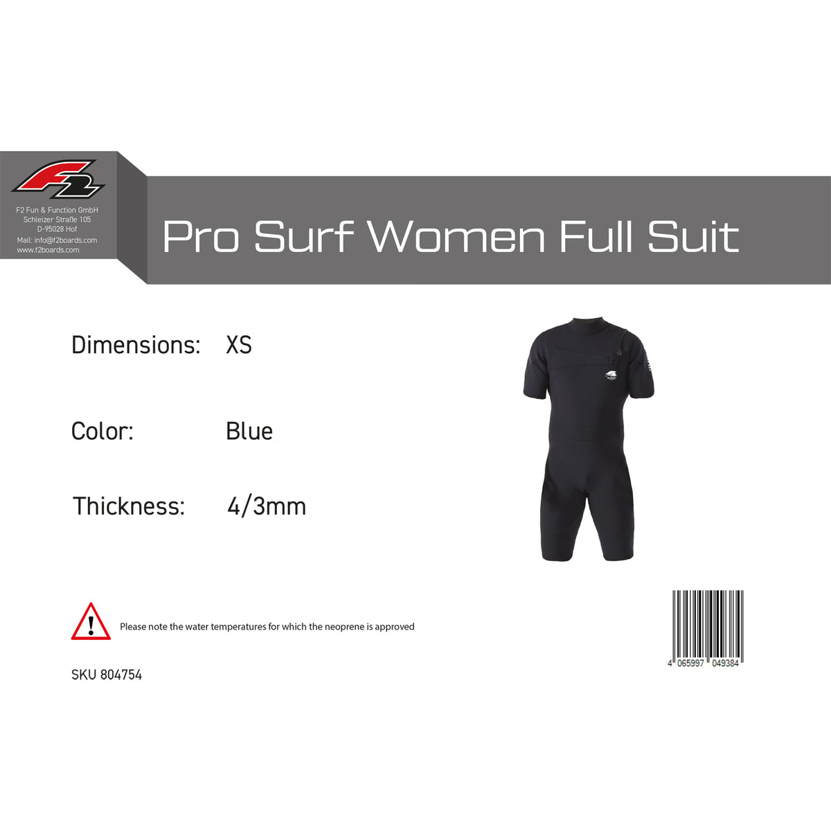F2 Neopren Anzug Pro Surf Men Shorty Kurz XS-XXL 3/2mm Größe wählbar Schwarz