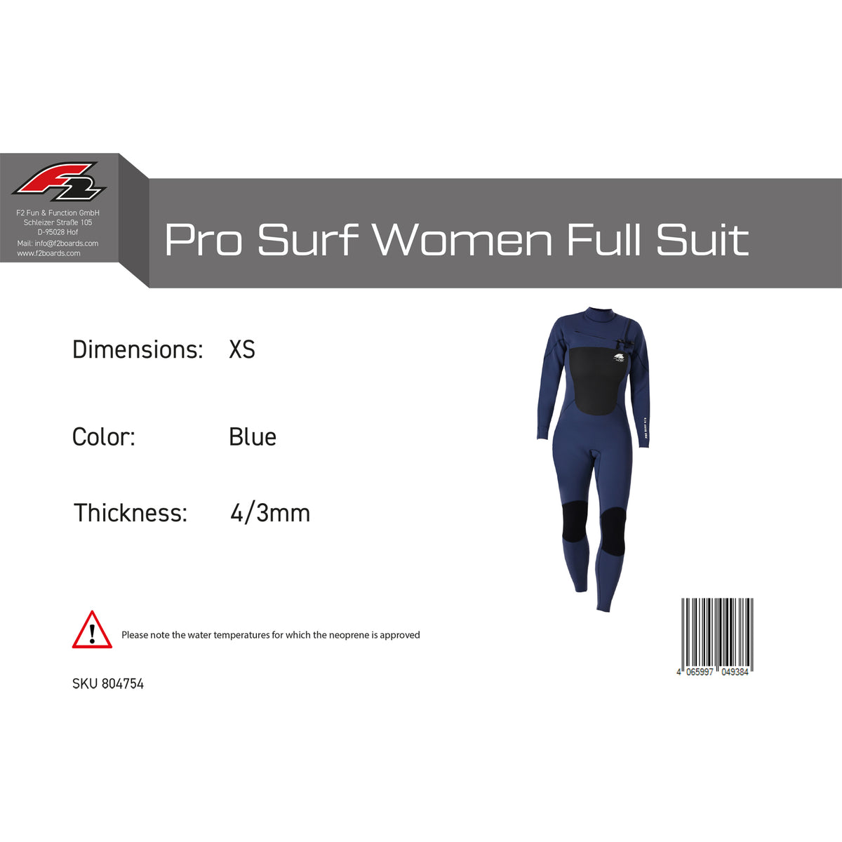 F2 Neopren Anzug Pro Surf Women Full Suit Lang XS-L 4/3mm Größe wählbar Blau