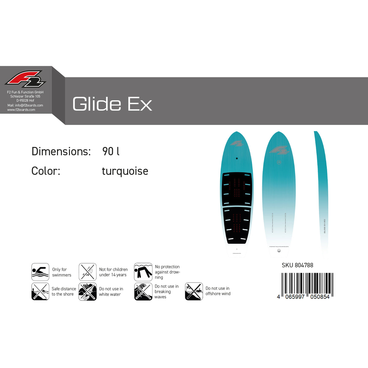 F2 Foil Board Glide Ex Downwind Hardsup 90-135L selectable turquoise