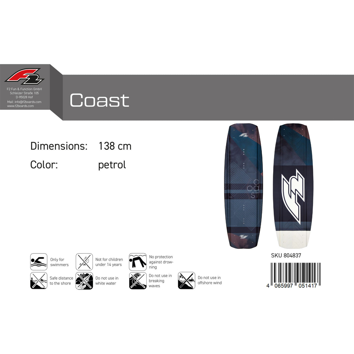 F2 Wakeboard Coast size/color selectable