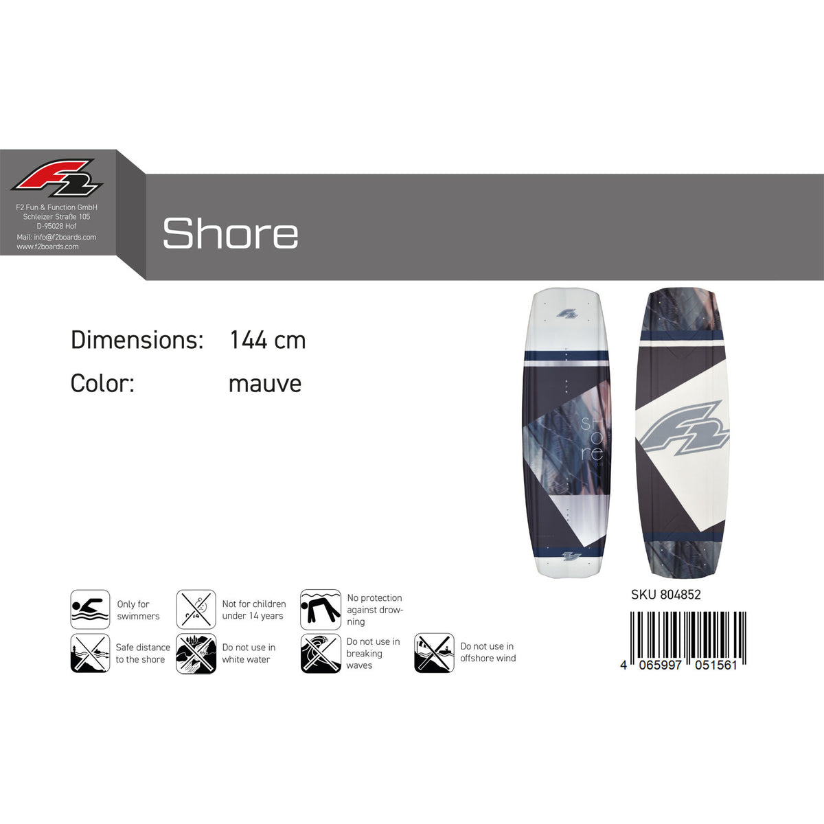 F2 Wakeboard Shore size/color selectable