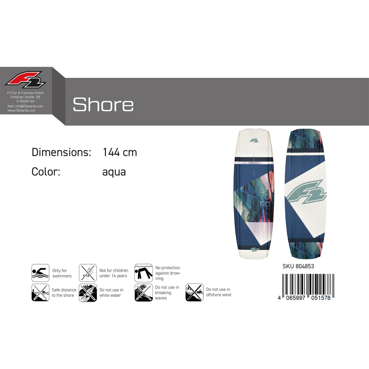 F2 Wakeboard Shore size/color selectable