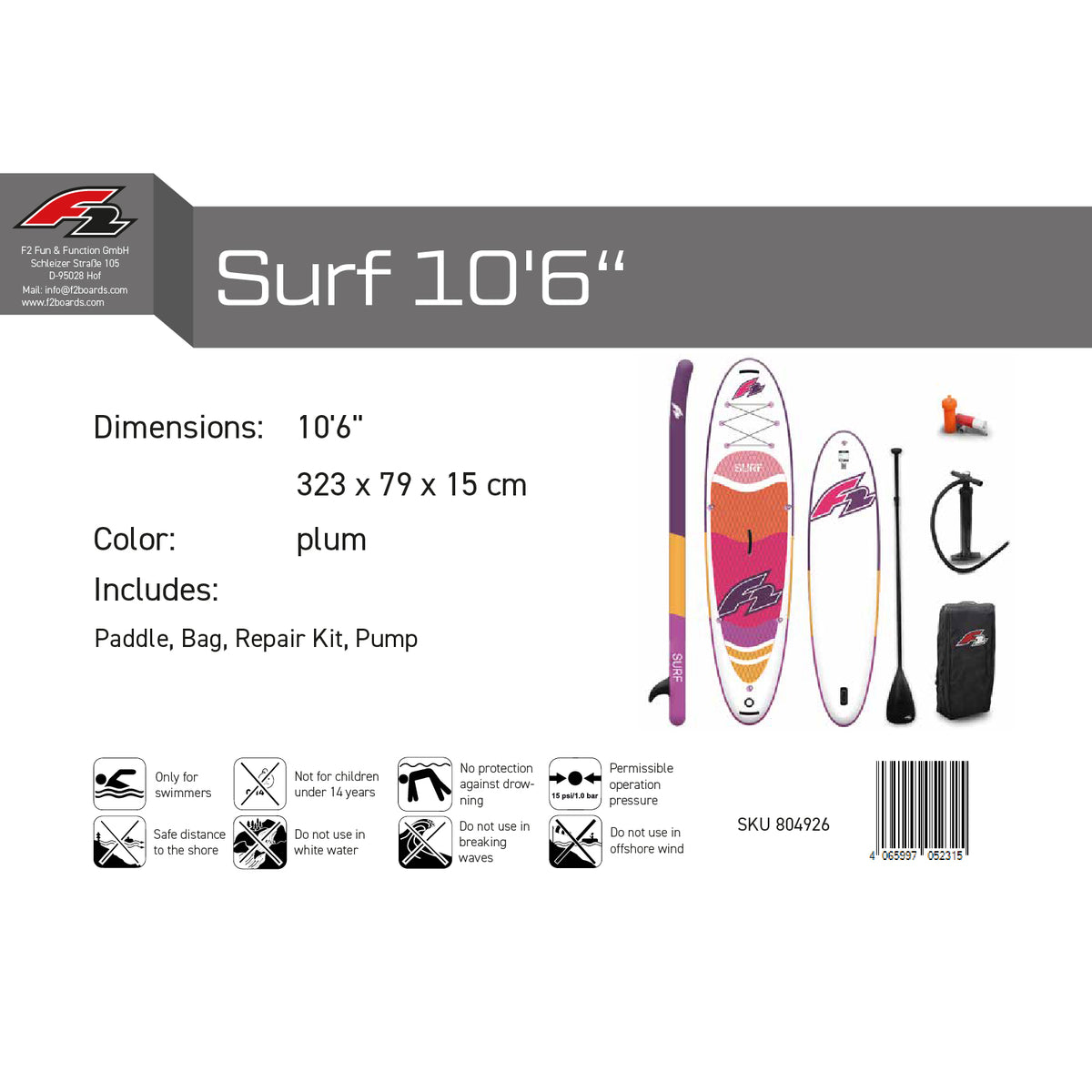 F2 Stand Up Paddle Board Surf SUP Women's 10'2"/10'6" Purple Size selectable