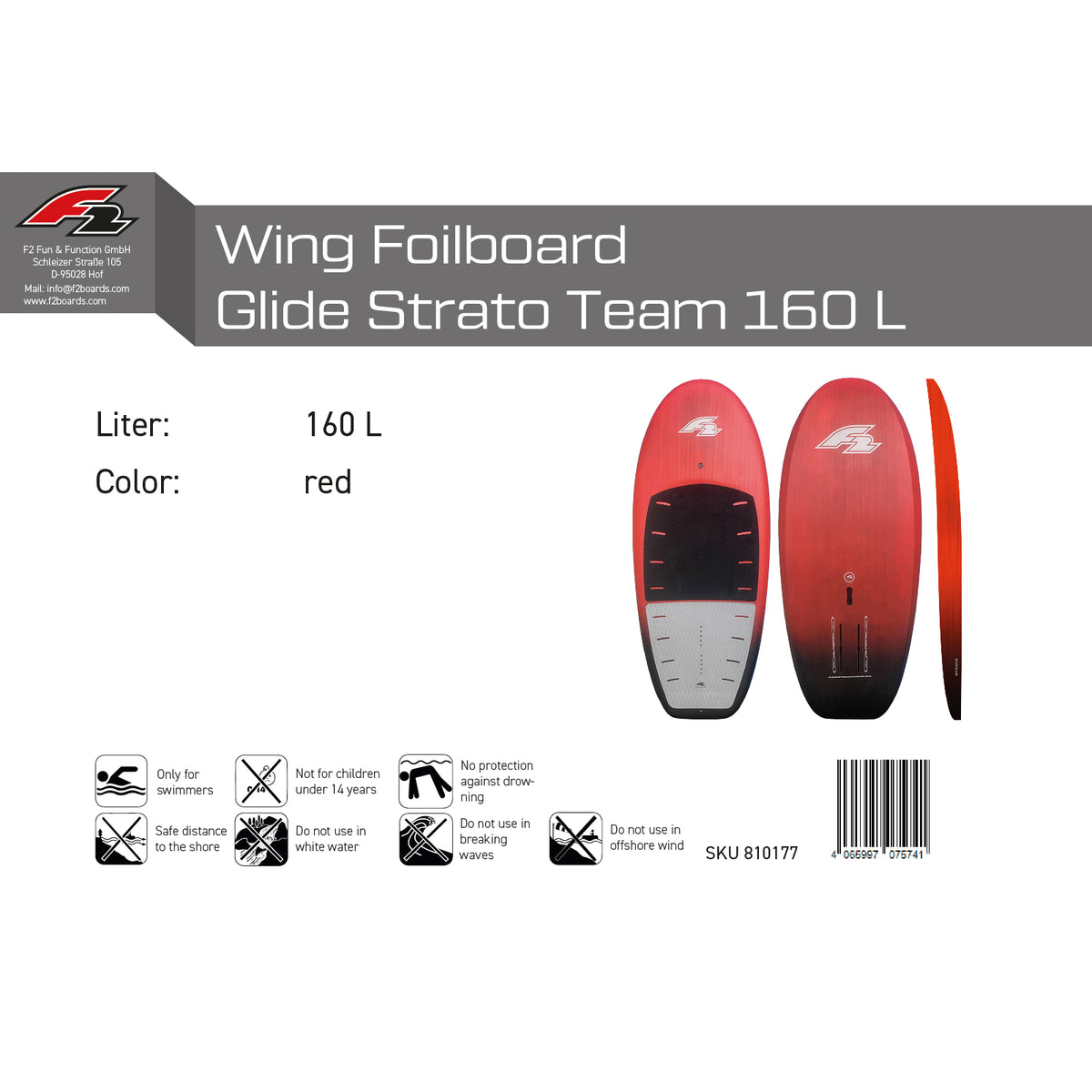 F2 Wing Foilboard Glide Strato Team Foil Board Red - Size selectable