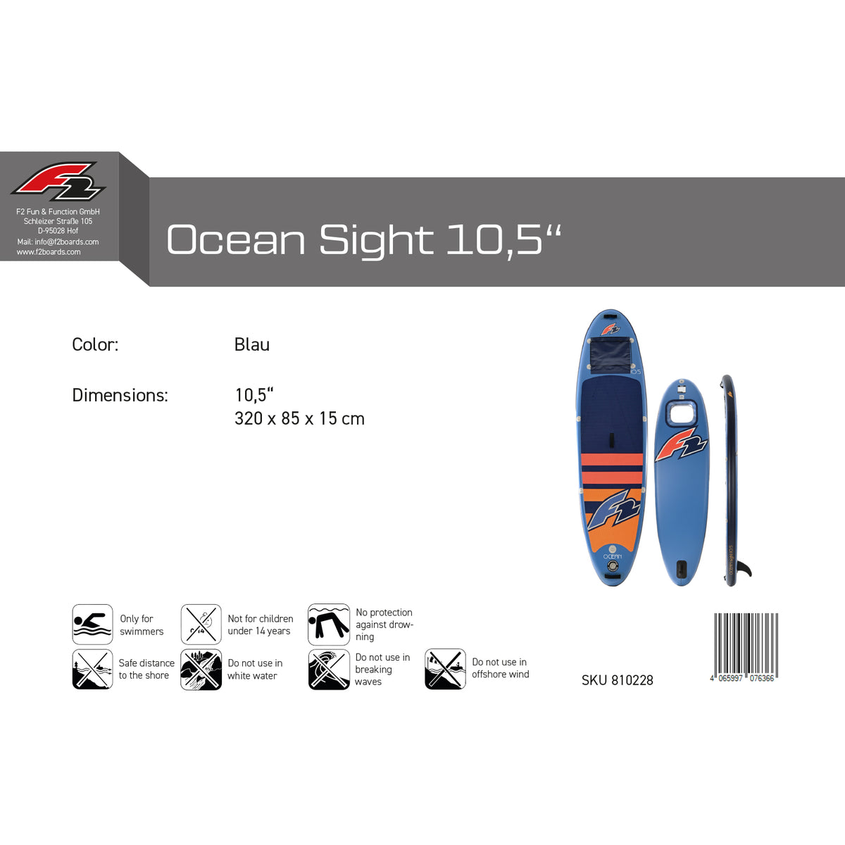 F2 SUP Stand Up Paddle Board ohne Zubehör Ocean Sight Größe/Farbe wählen