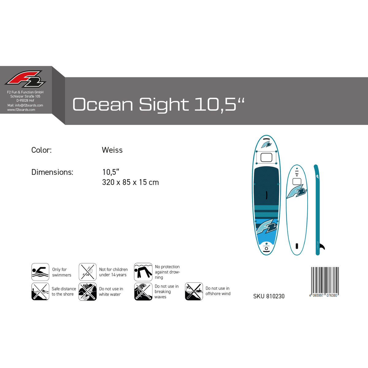 F2 SUP Stand Up Paddle Board ohne Zubehör Ocean Sight Größe/Farbe wählen