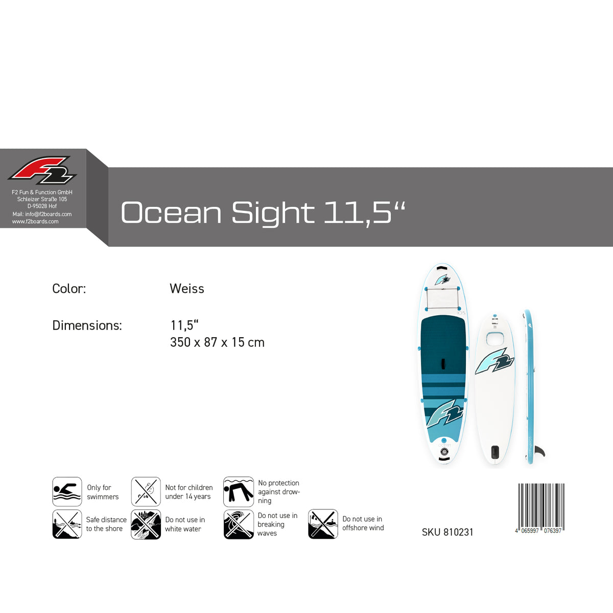 F2 SUP Stand Up Paddle Board ohne Zubehör Ocean Sight Größe/Farbe wählen