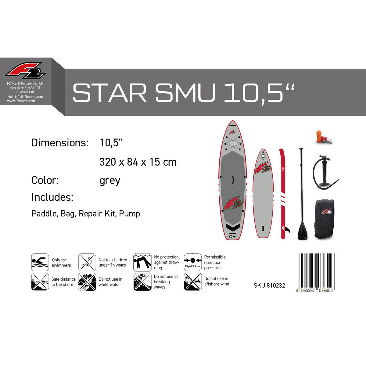 F2 SUP Stand Up Paddle Board Star - Größe/Farbe wählbar