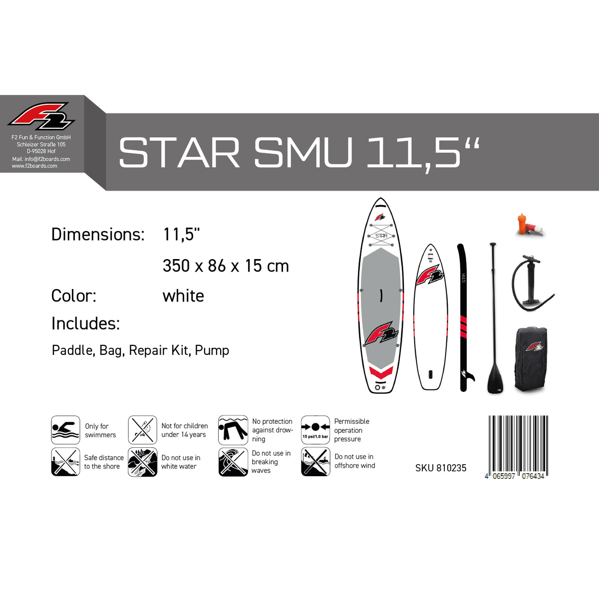 F2 SUP Stand Up Paddle Board Star - Größe/Farbe wählbar