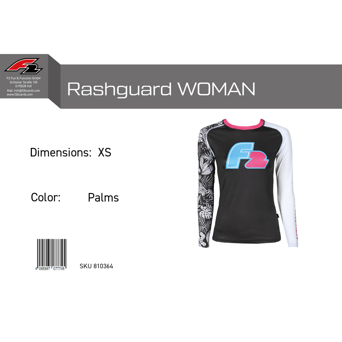 F2 Retro Rashguard Palms Damen Funktionsshirt Wassersport - Größe wählbar
