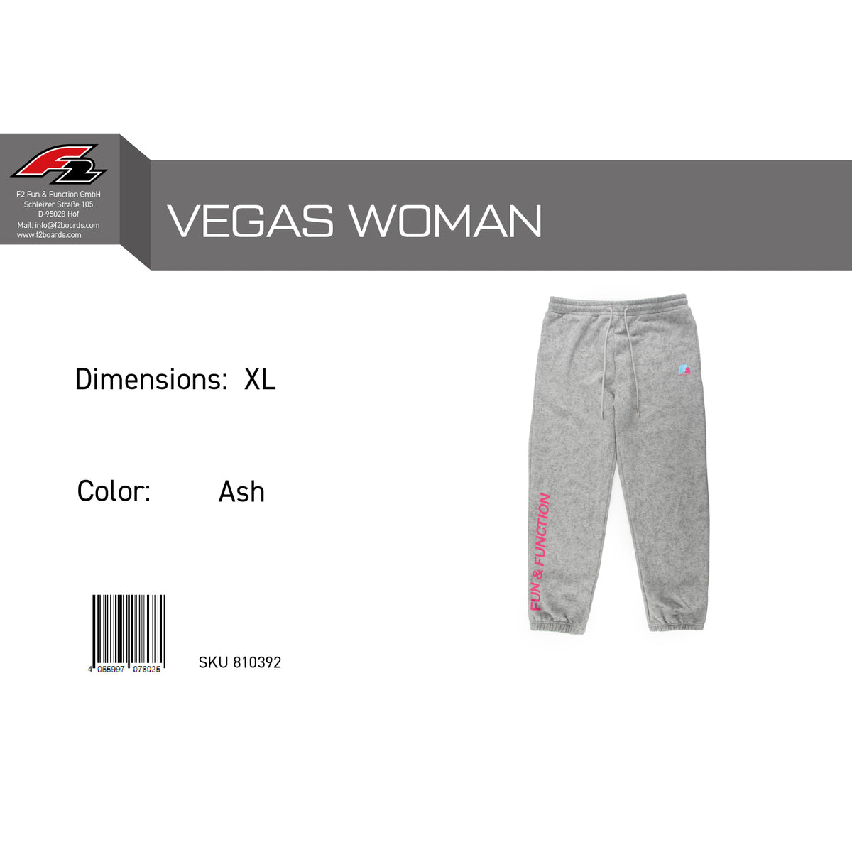F2 Retro Vegas Jogging Pants Ash Women's Grey - Size selectable