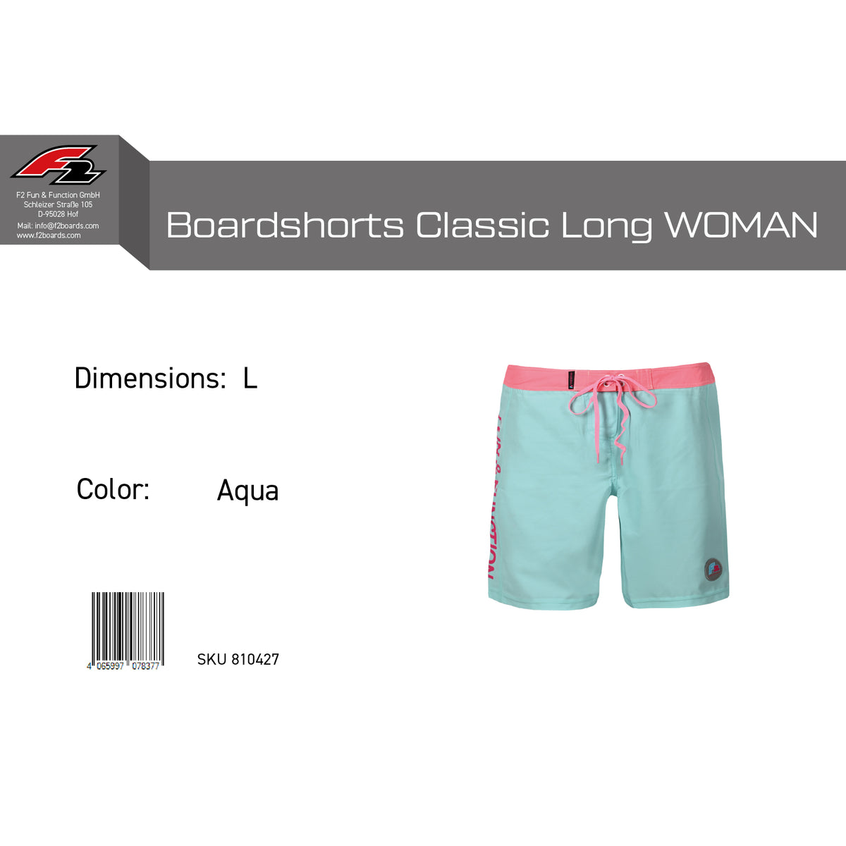 F2 Retro Boardshorts Classic Long Aqua Women's Swimming Shorts Long - Size Selectable