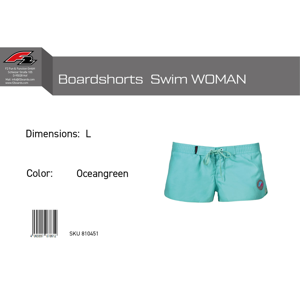 F2 Retro Boardshorts Swim Oceangreen Damen Badeshorts Kurz - Größe wählbar