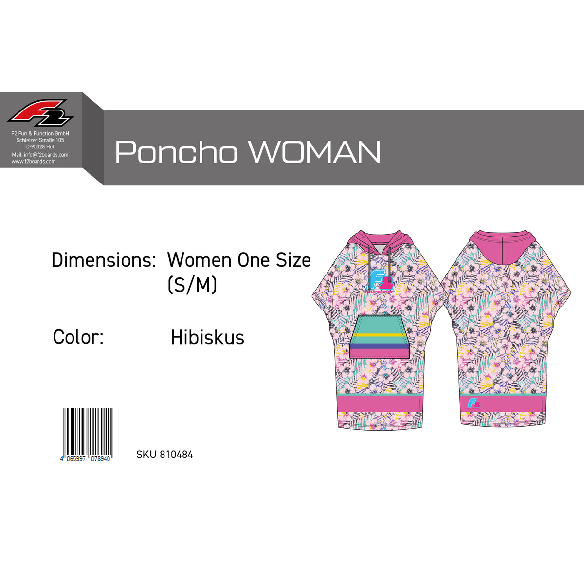 F2  Retro Damen Poncho Hibiskus Badeponcho One Size Rosa