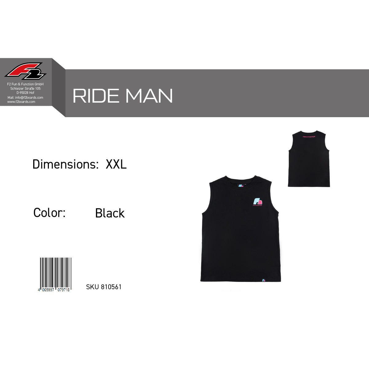 F2 Retro Muskelshirt Ride Herren Tshirt Ärmellos Schwarz - Größe wählbar