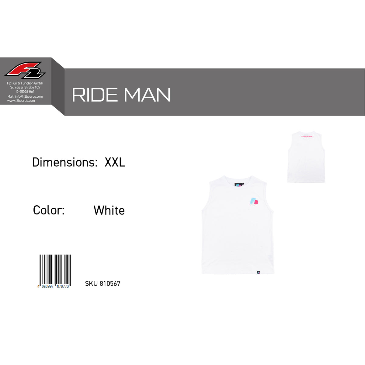 F2 Retro Muskelshirt Ride Herren Tshirt Ärmellos Weiss - Größe wählbar
