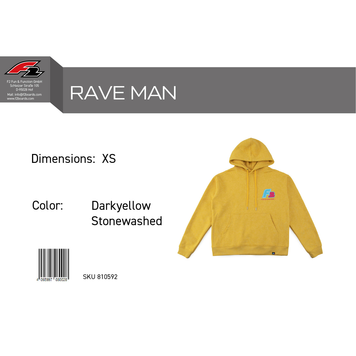 F2 Retro Rave Hoodie Darkyellow Stonewashed Sweatshirt Pullover - Größe wählbar