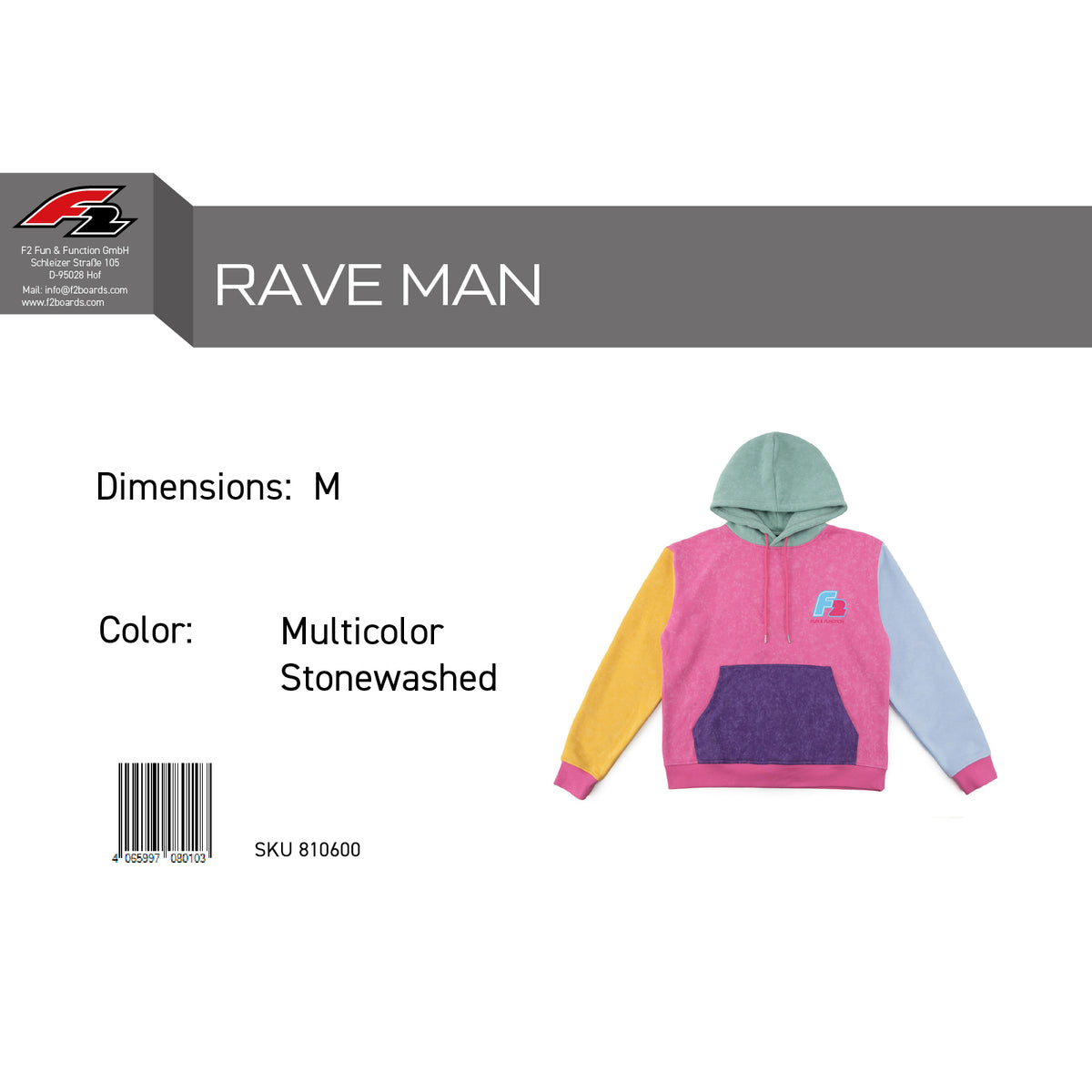F2 Retro Rave Hoodie Multicolor Stonewashed Sweatshirt Pullover - Size selectable