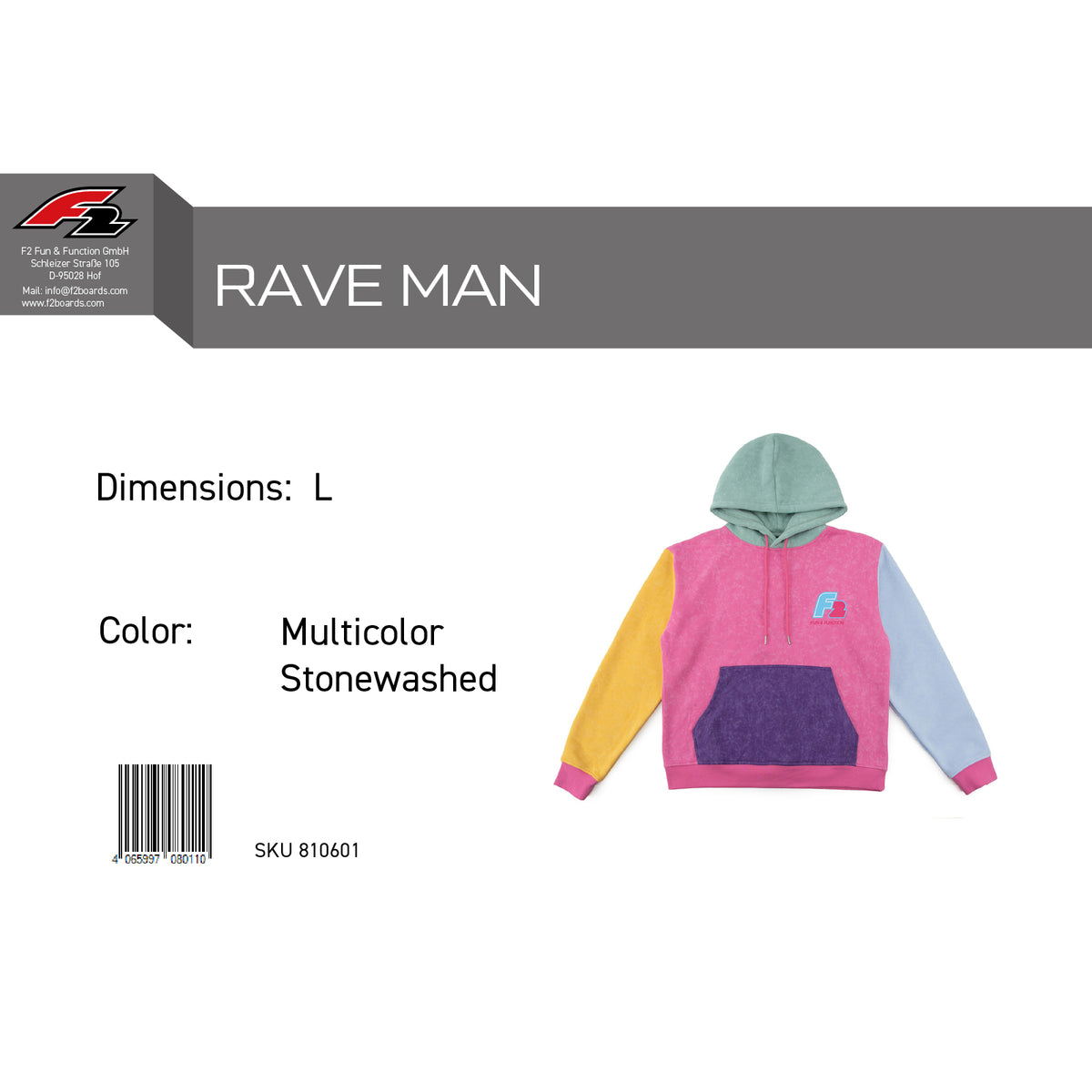 F2 Retro Rave Hoodie Multicolor Stonewashed Sweatshirt Pullover - Size selectable