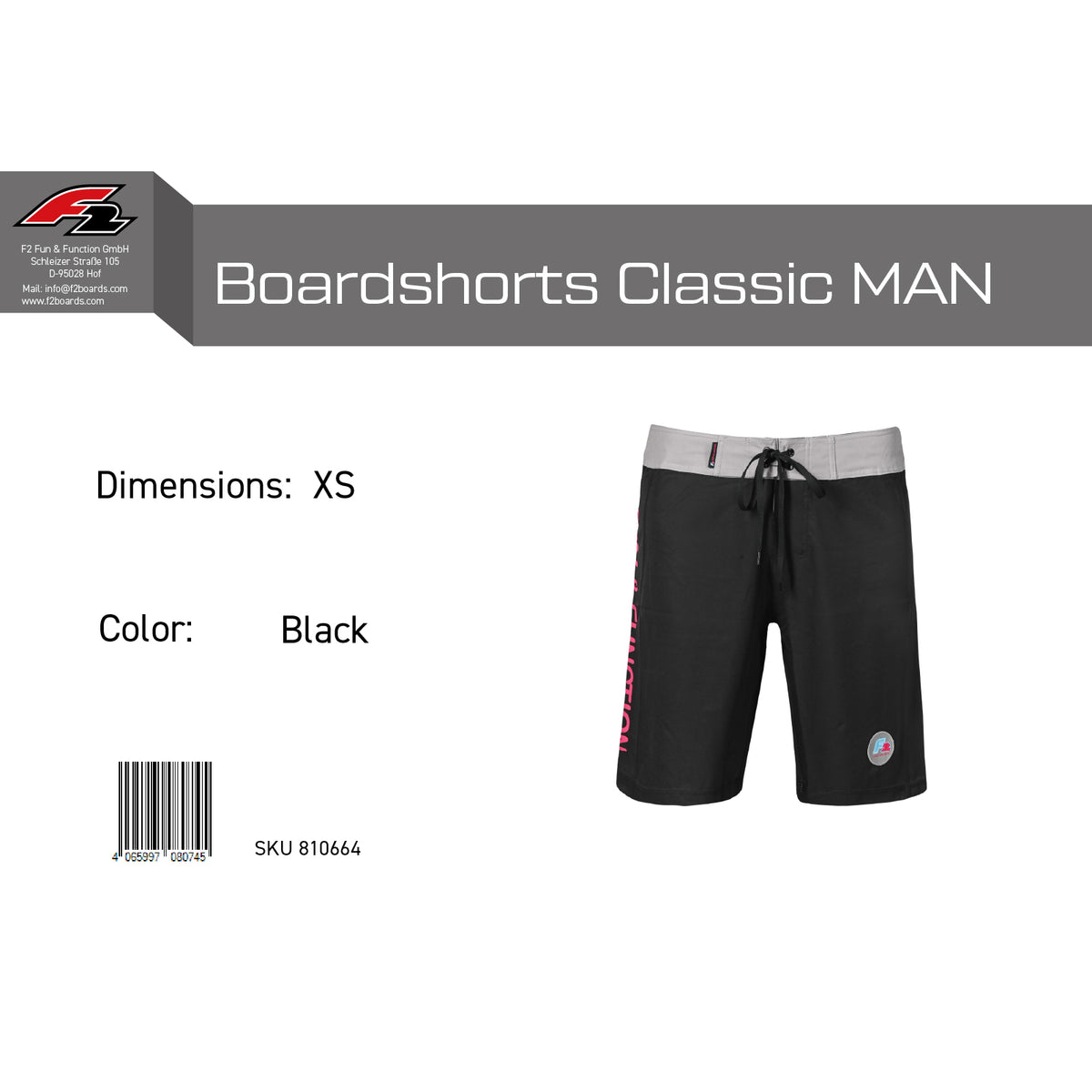 F2 Retro Boardshorts Classic Swim Shorts Black - Size selectable