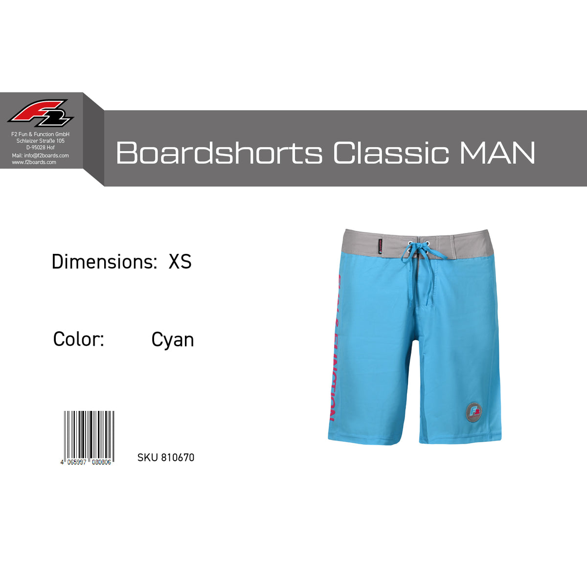 F2 Retro Boardshorts Classic Cyan Swim Shorts Blue - Size selectable