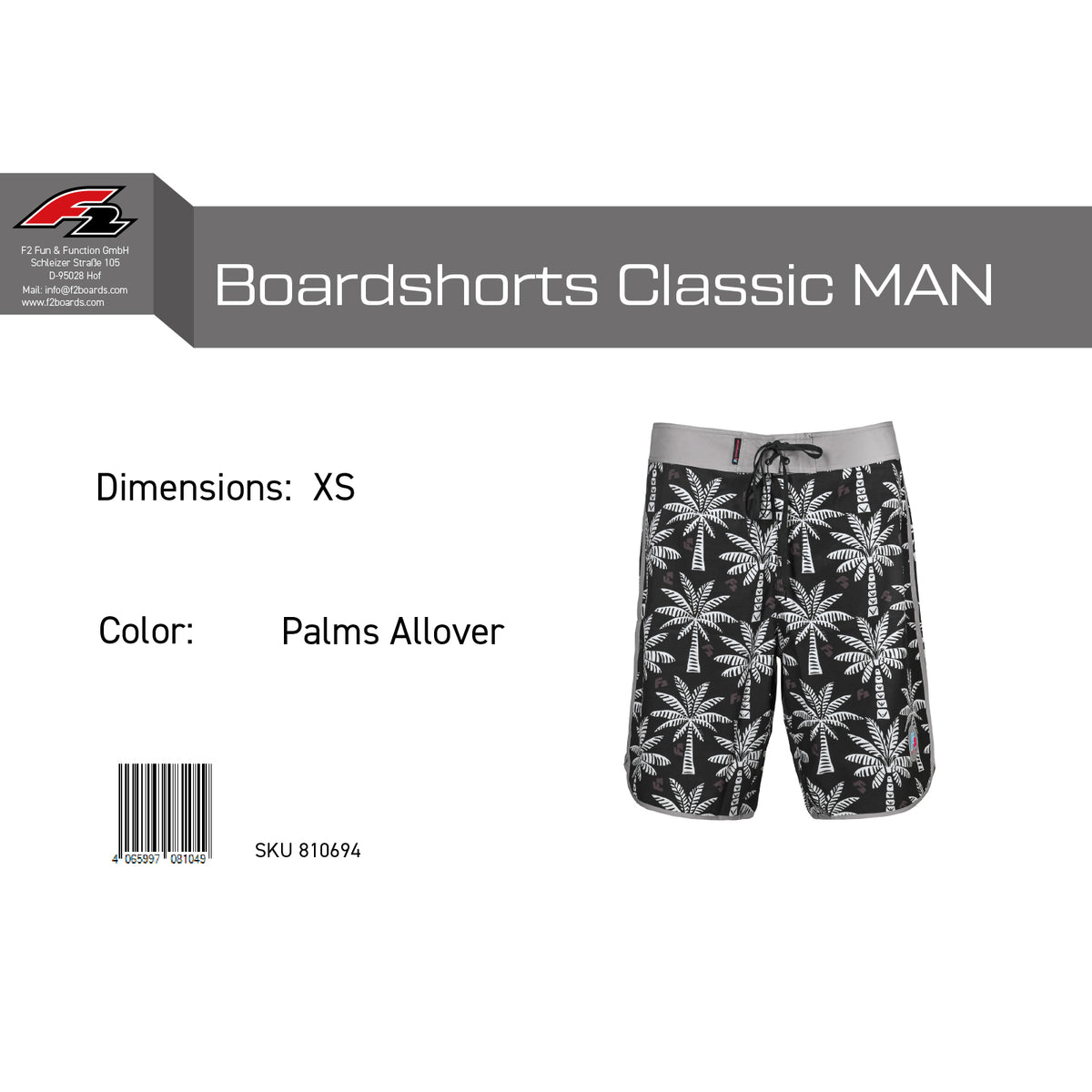 F2 Retro Boardshorts Classic Palms Allover Badeshorts Schwarz - Größe wählbar