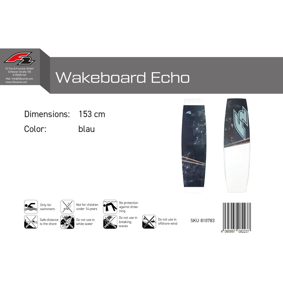 F2 Wakeboard Echo Blue 145cm/148cm/153cm - Size selectable