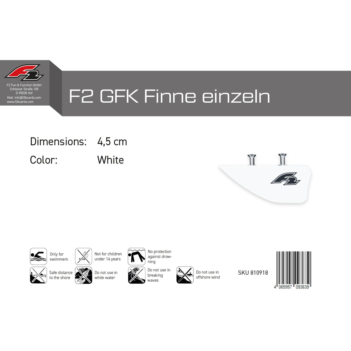 F2 Kiteboard fin GRP fin single white - size selectable