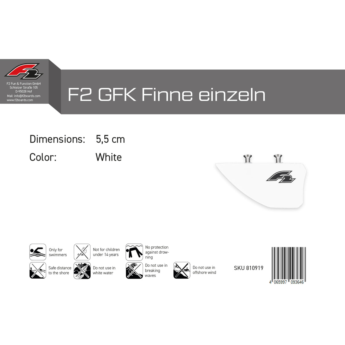 F2 Kiteboard fin GRP fin single white - size selectable