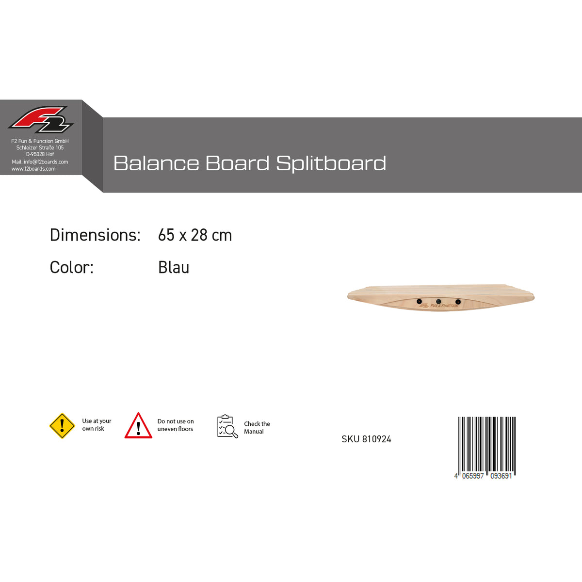 F2  Balance Board Splitboard  65x28cm Blau