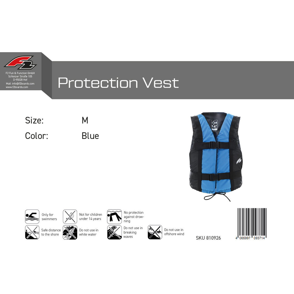 F2 Swim Aid Core Vest SUP Buoyancy Aid 50N Blue - Size selectable