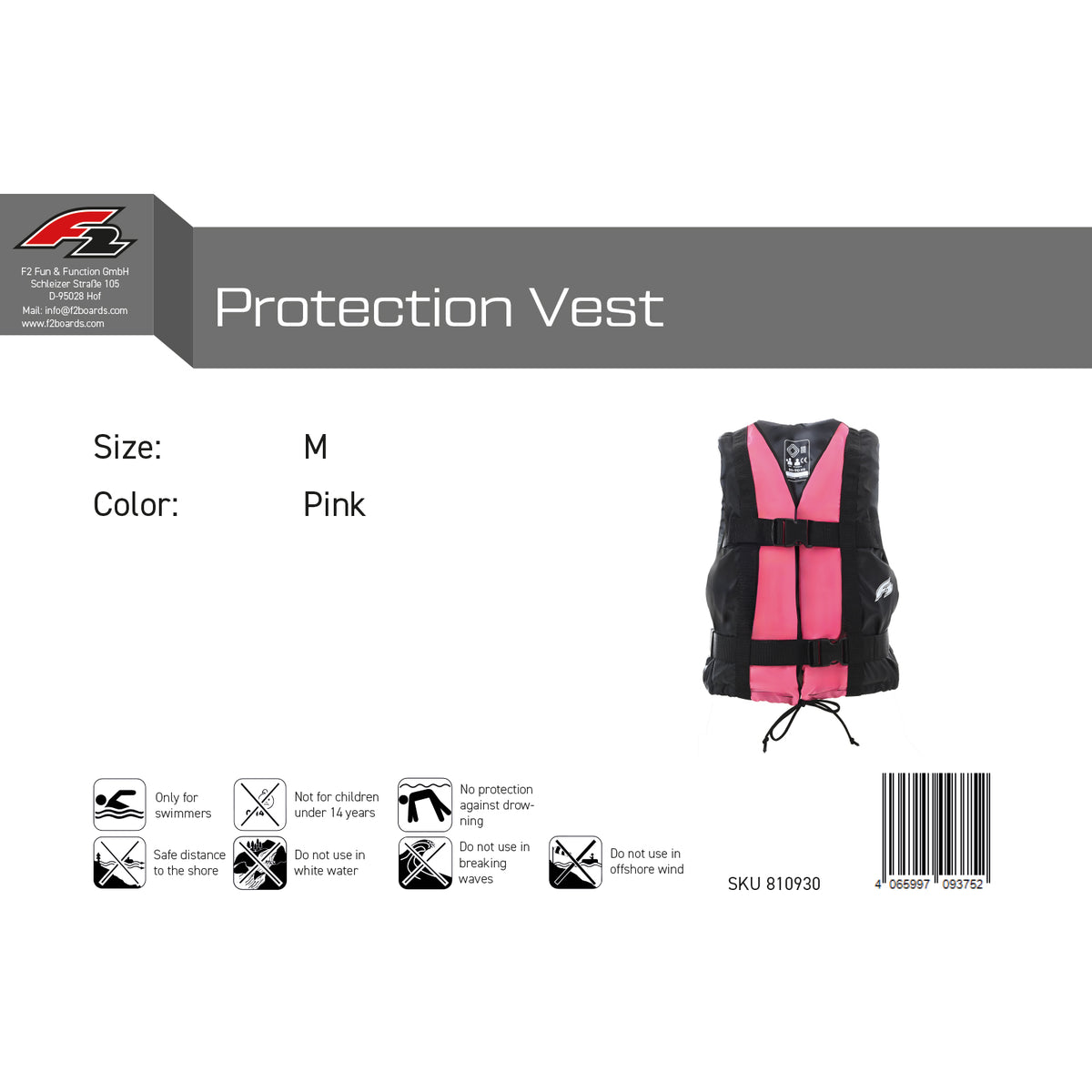 F2 Women's Core Buoyancy Aid Vest Pink - Size selectable