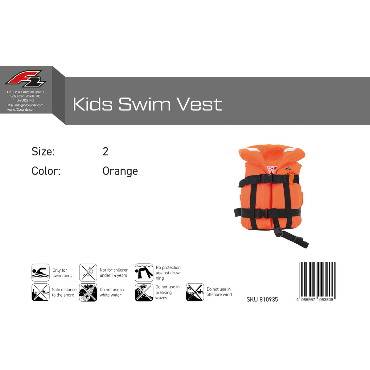 F2 Life Jacket Junior Vest Buoyancy Aid 100N - Color/Size selectable