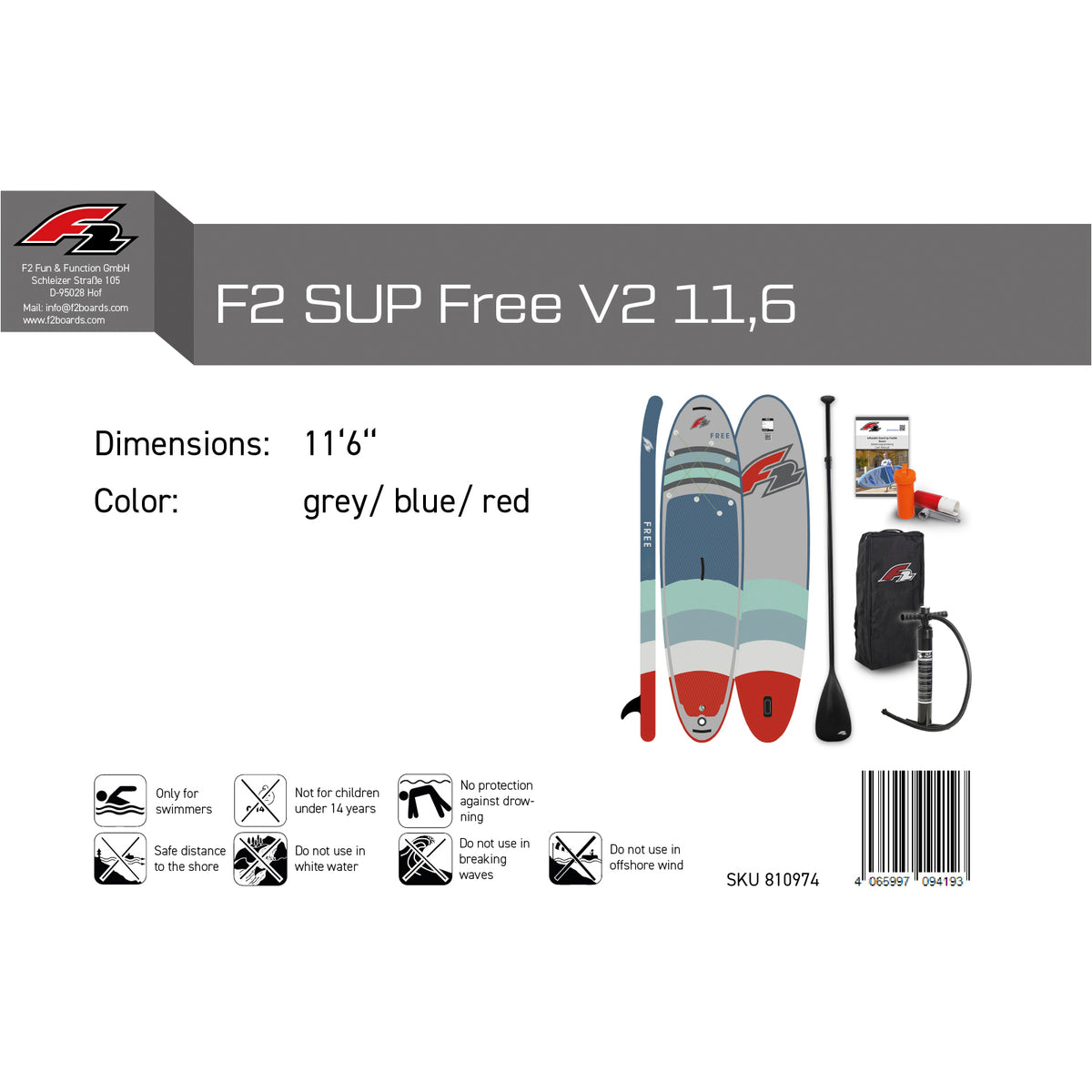F2 SUP Stand Up Paddle Board Free - Farbe/Größe wählbar