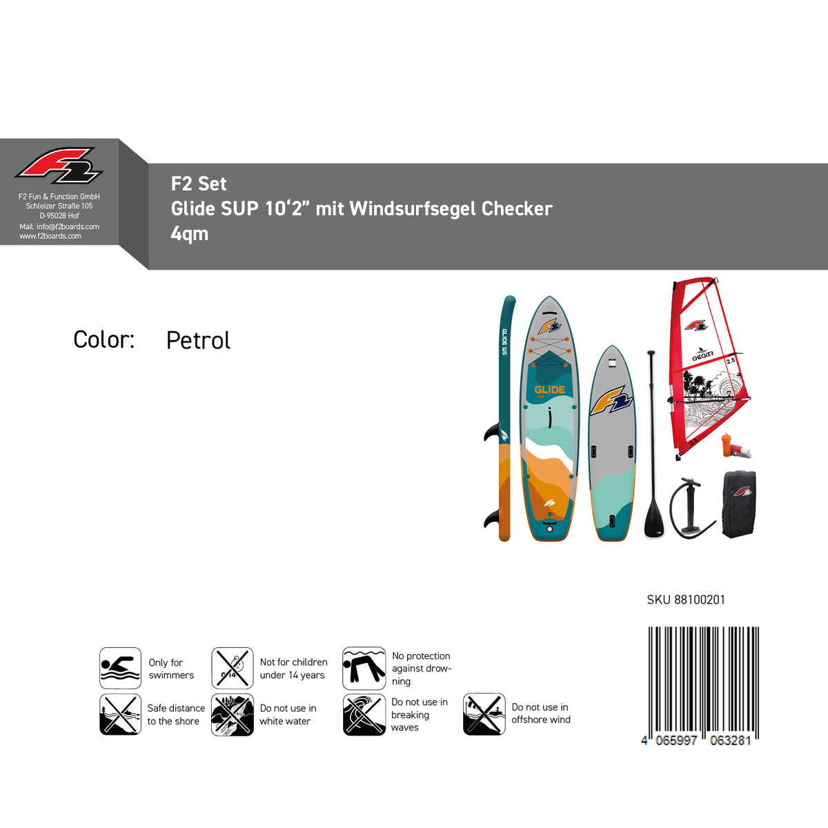 F2 Set SUP Glide 10'2 with Checker windsurf sail complete set, sizes selectable