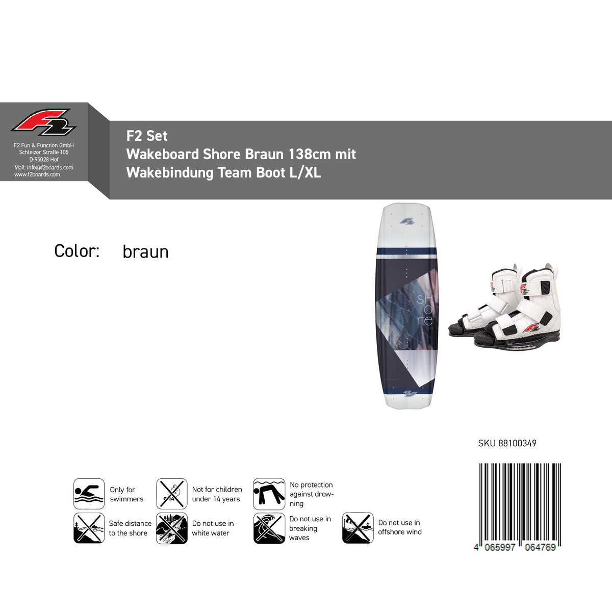 F2 Set Wakeboard Shore Brown 138cm with Team Boot L/XL wakeboard bindings