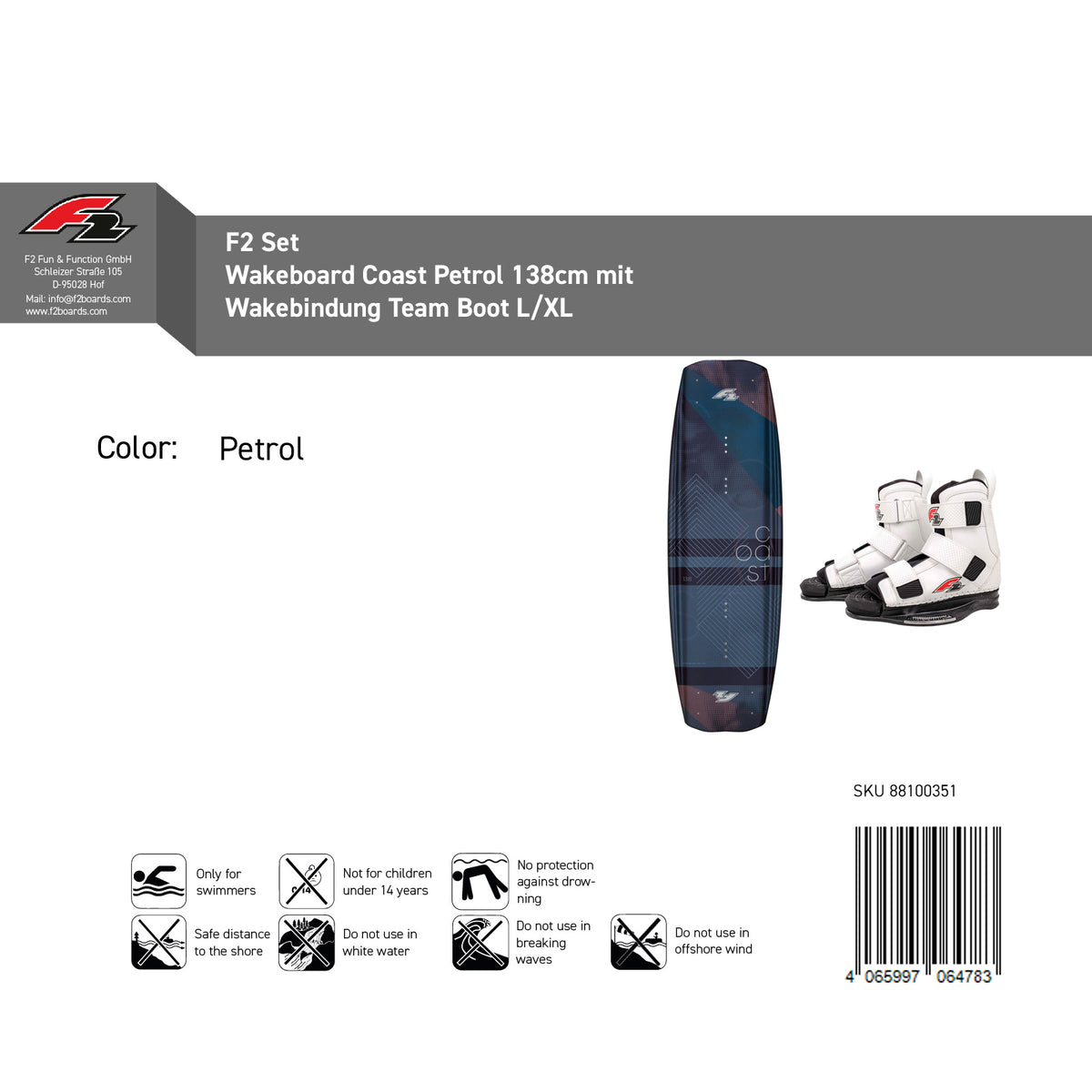 F2 Set Wakeboard Coast Petrol 138cm mit Wakebindung Team Boot L/XL