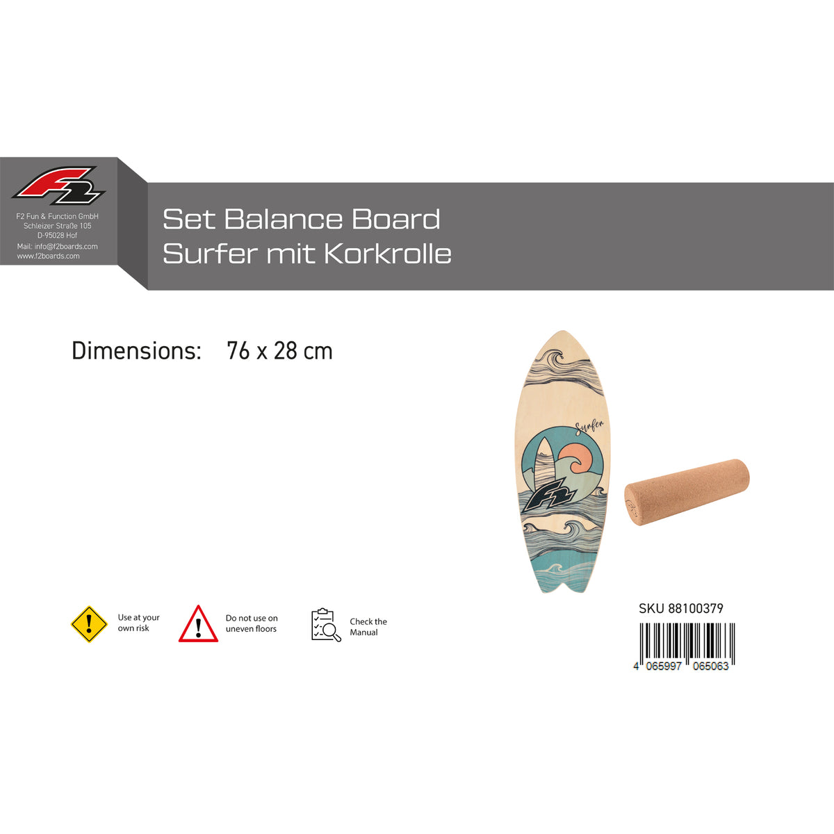 F2 Set Balance Board Surfer 76x28cm mit Korkrolle
