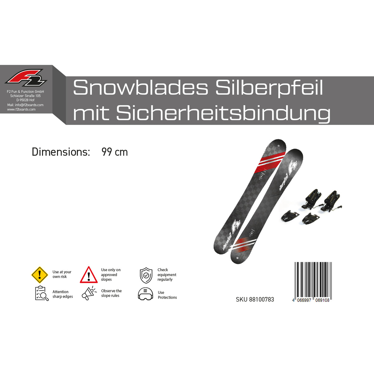 F2 Snowblades Silberpfeil 99cm Set with Safety Bindings Fun Skis Short Skis