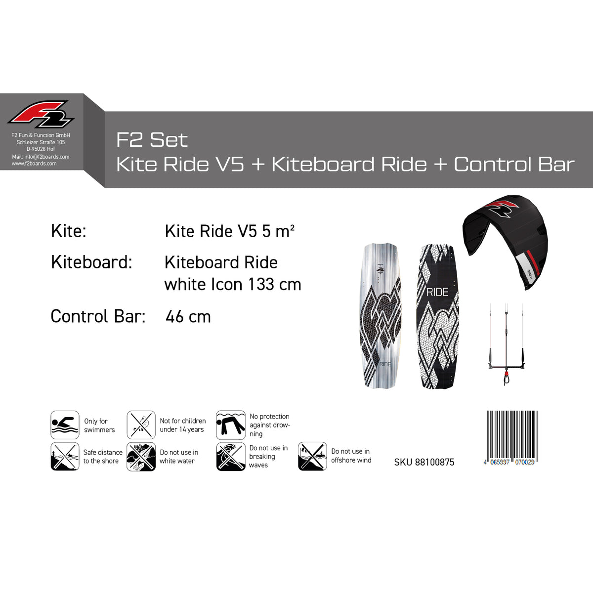 F2 Set Kite Ride V5 with Kiteboard Ride White Icon and Control Bar Complete Set, Sizes Selectable