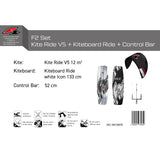 F2 Set Kite Ride V5 with Kiteboard Ride White Icon and Control Bar Complete Set, Sizes Selectable
